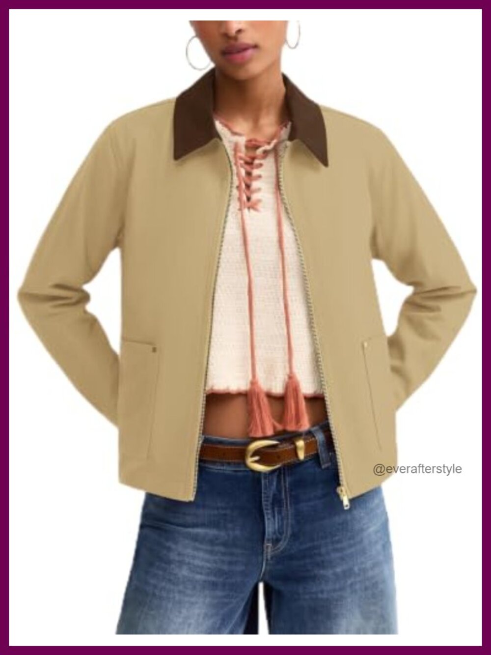 Womens Cropped Barn Jacket Zip Up Lightweight Coat with Pockets